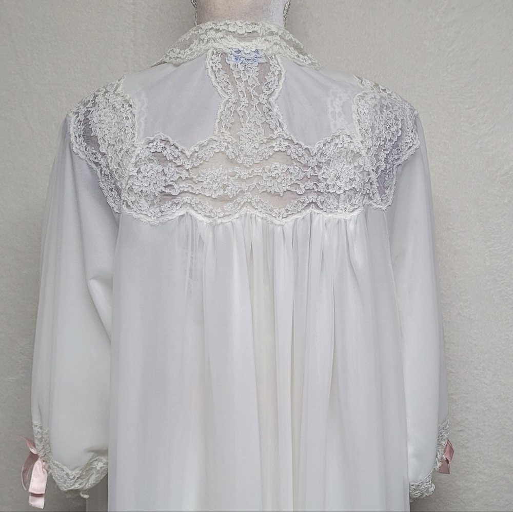 Lady Leonora Rare Vintage 40s White Chiffon Pink Satin Lace Peignoir Two-Piece - Picture 15 of 16
